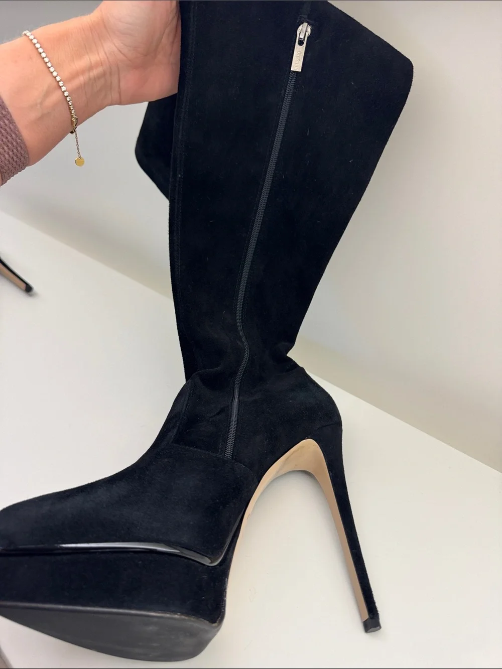 Black Suede Over-the-Knee Stiletto Boot with Platform — Women
